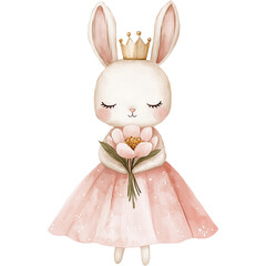 Little princess bunny in pink dress with big flower