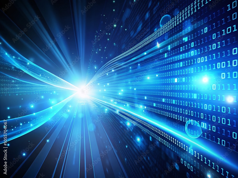 Poster abstract blue digital binary data stream with light burst for tech innovations and future concepts
