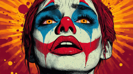 Emotional pop art portrait of a sad clown in vibrant retro style