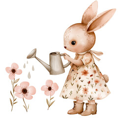 Bunny gardener with floral dress and watering can