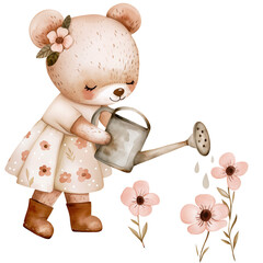Bear gardener with floral dress and watering can