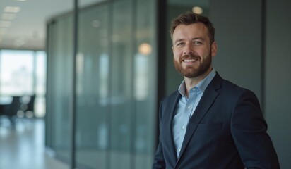 Confident businessman with friendly smile standing in modern office hallway