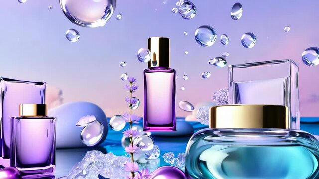 Luxury Perfume and Cosmetic Bottles in an Ocean-Themed Setting with Pearls, Water Droplets, Flowers, and Rocks