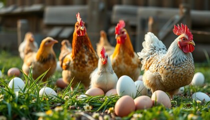 Chickens and fresh eggs in a serene farm setting