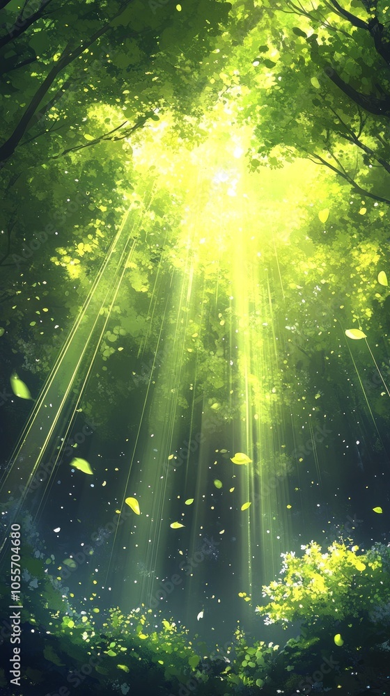 Poster sunlight streams through tree branches, creating a magical atmosphere in a serene forest glade fille