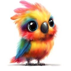 Fototapeta premium Cartoon baby parrot with colorful feathers on a white background.
