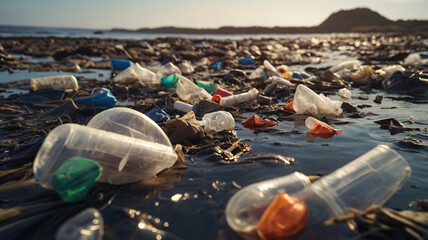 waste plastic bottles and other plastic waste. environment concept, plastic pollution awareness