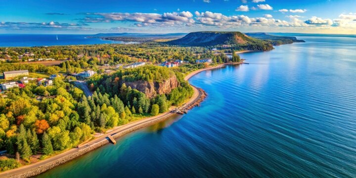 Aerial view of Lake Superior water and Duluth, MN coastline, Aerial, view, Lake Superior, water, coastline
