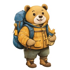A cartoon bear wearing a hiking outfit on a white background.