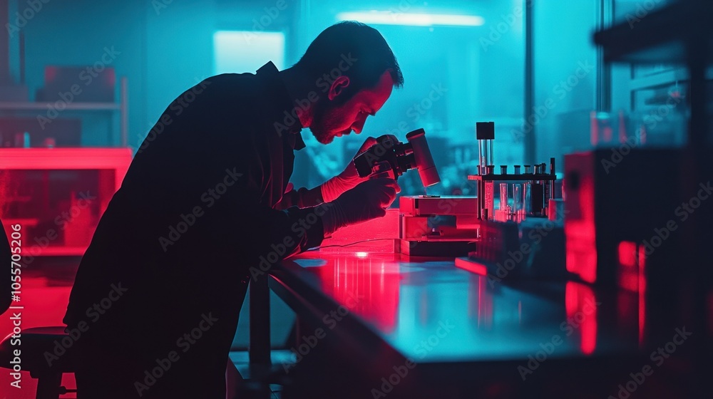 Poster Scientist in a Neon Lit Laboratory Working with a Microscope