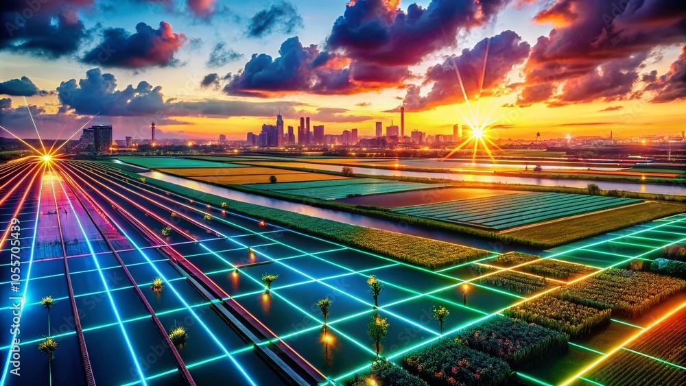 Poster abstract circuit lines in a futuristic landscape - artistic high-tech data visualization