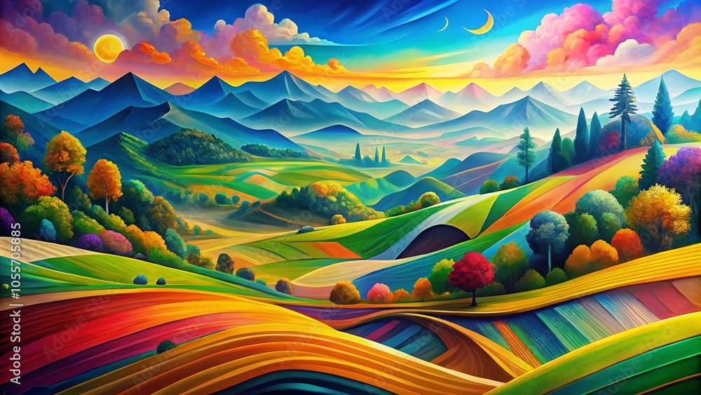 Poster abstract colorful landscape design with dynamic shapes and vibrant patterns for unique graphic art