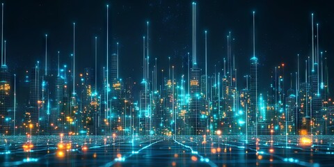 Obraz premium Futuristic Cityscape: Glowing Towers and Digital Grid