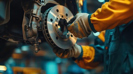 Fototapeta premium A mechanic installs a brake disc on a vehicle in an automotive workshop.