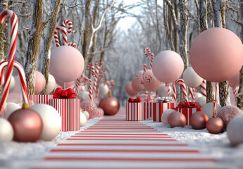 Enchanted Candy Cane Lane: A whimsical winter wonderland scene featuring a pathway lined with giant candy canes, presents, and shimmering ornaments. Perfect for holiday cards, websites.