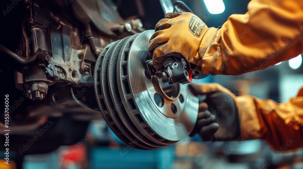 Poster a mechanic installing a brake rotor on a vehicle in an automotive workshop.