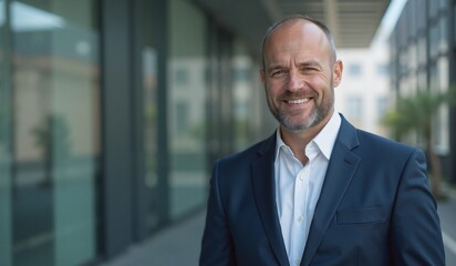 Fototapeta premium Confident Businessman Smiling Warmly Against Modern Office Building