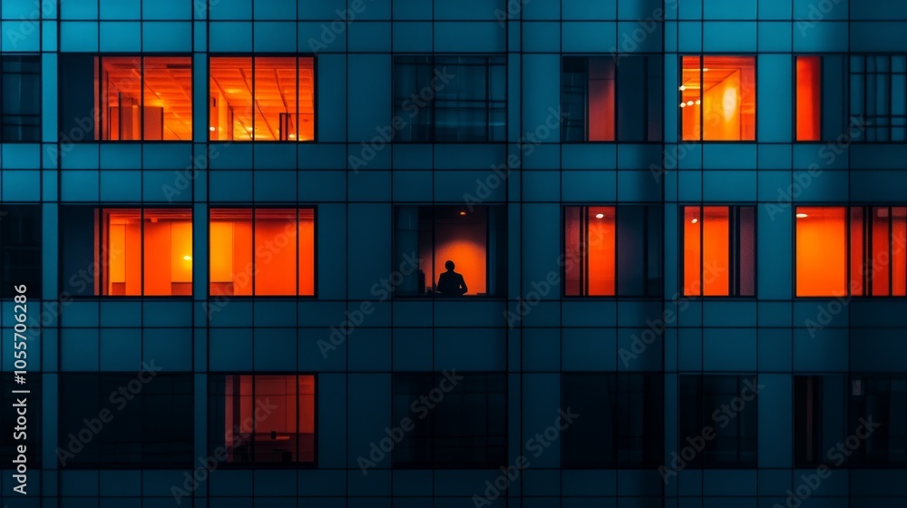Poster A building with many windows and a person sitting in one of them