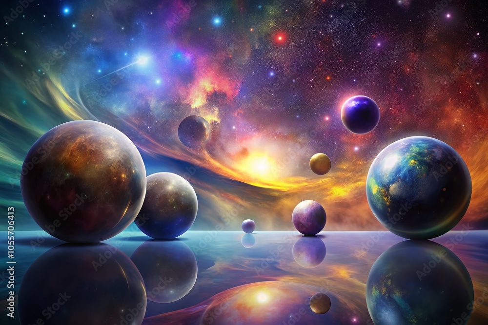 Poster abstract cosmic landscape with spherical elements and nebulas in dark and bright colors for mystical