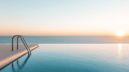 Obraz premium Serene poolside view at sunset with calm water and horizon.
