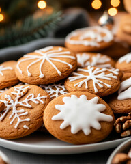A close-up of traditional Swiss Christmas cookies, decorated with icing and nuts, displayed on a festive table.