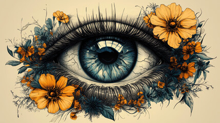 Artistic fusion of human eye with vibrant floral elements in engraved style