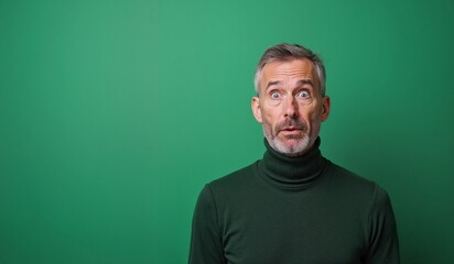 Fototapeta premium Mature man with surprised expression wearing turtleneck against green background with copy space