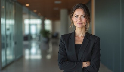 Fototapeta premium Confident businesswoman smiling warmly in modern office hallway