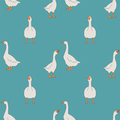 Seamless vector pattern with cheerful geese on green background