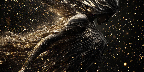 3D abstract sculpture godness angle made of particles in starry sky golden liquid flowing with golden sparkles. illuminate lights beautiful texture dark dreamy mysterious cool background