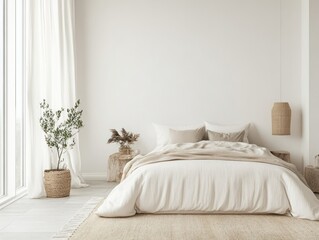 White walls in this minimalist bedroom are complemented by neutral tones for bedding and a soft beige rug
