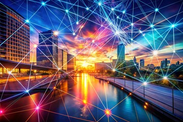 Abstract Double Exposure of Plexus Technology Lines for Futuristic Background