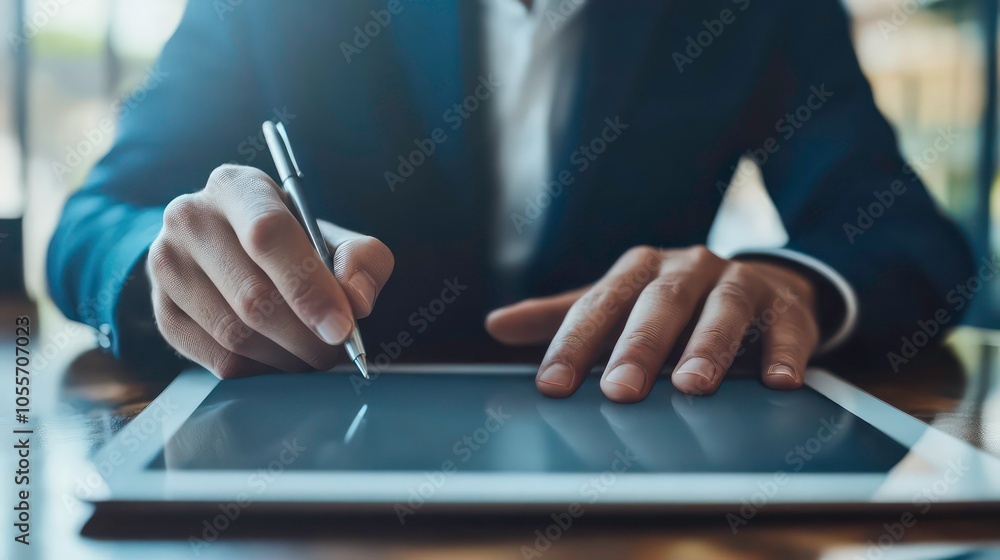 Poster a person writing on a digital tablet with a pen in a professional setting.