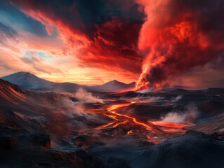Fototapeta premium A geothermal landscape in the Myvatn area, with bubbling hot springs and sulfuric vents steaming in the distance.