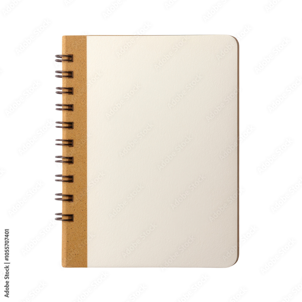 Poster a blank notebook with a cork spine, designed for notes, sketches, or journaling, isolated on transpa