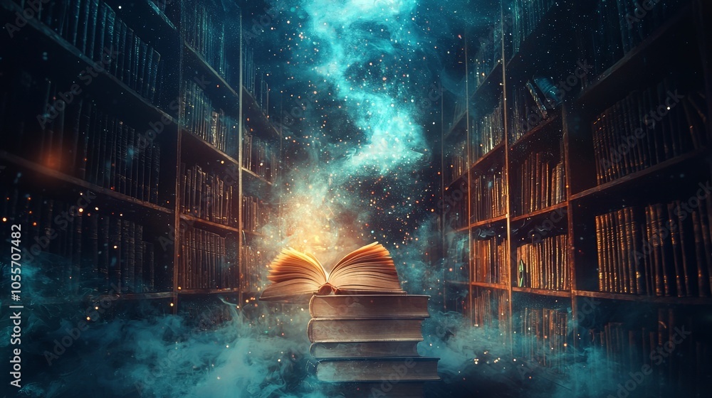 Poster magical open book in a mystical library with glowing particles