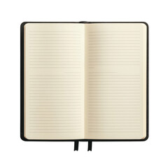 A blank notebook with lined pages, open to show its interior, isolated on transparent background.