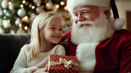 Santa's Little Helper: A heartwarming Christmas scene of a child receiving a gift from Santa Claus.  The image radiates festive cheer and the magic of Christmas. 