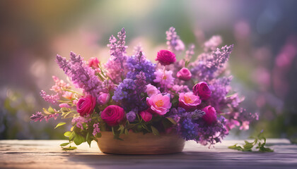 Blurred nature background of pink and purple flowers creates a bright and romantic atmosphere.