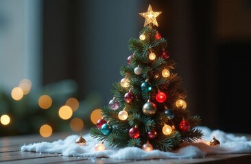 Christmas tree featuring plastic animals, wooden birds, fake snow and other ornament toys against gray background- eclectic Christmas display concept