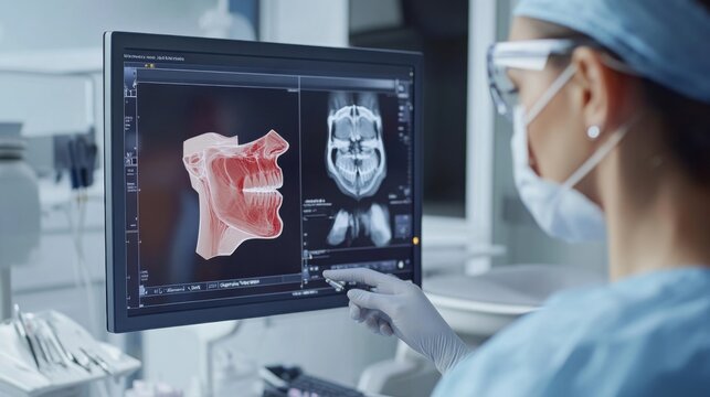 A dental expert is examining detailed 3D images of a patient's jaw and teeth, on a high-tech monitor in a contemporary dental clinic.