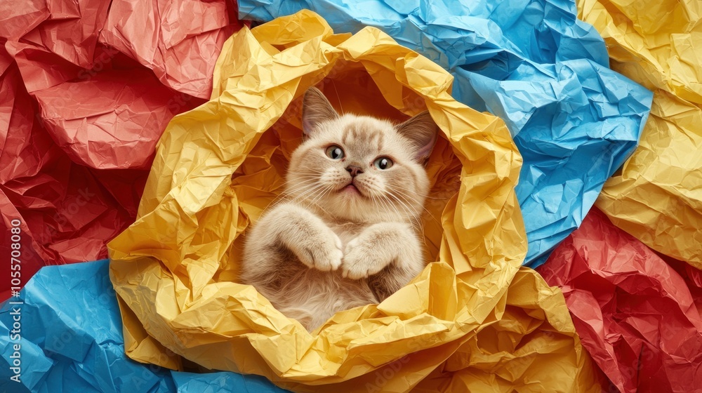 Aufkleber delightful cat posing playfully amidst colorful crumpled paper capturing a unique expression in high