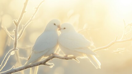 Fototapeta premium Soft Light Embraces Two White Birds on a Branch