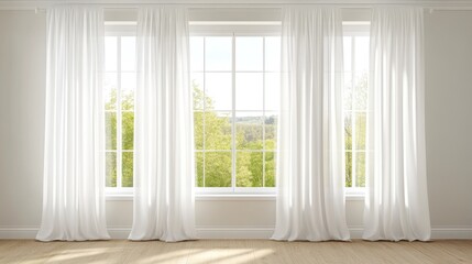 Bright Window with Sheer Curtains and Green Landscape
