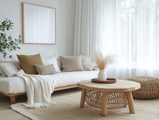 White walls paired with light wood furniture and neutral textiles for a bright, cozy family room