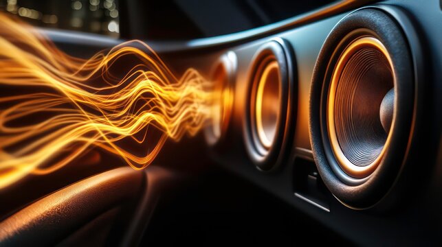 A close-up of car speakers with sound waves emanating, highlighting audio quality.
