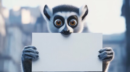 Naklejka premium A lemur holding an empty white advertising poster