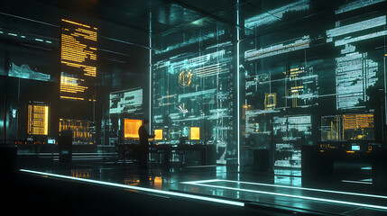 A modern tech lab with an AI expert analyzing large-scale data on multiple transparent screens, with glowing lines and graphs illuminating the dark room 
