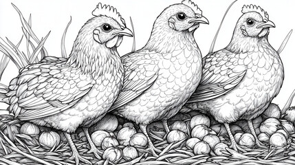 Fototapeta premium Hen trio in nest with eggs coloring page for bird learning and education