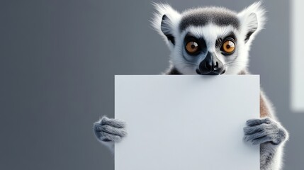 Naklejka premium A lemur holding an empty white advertising poster